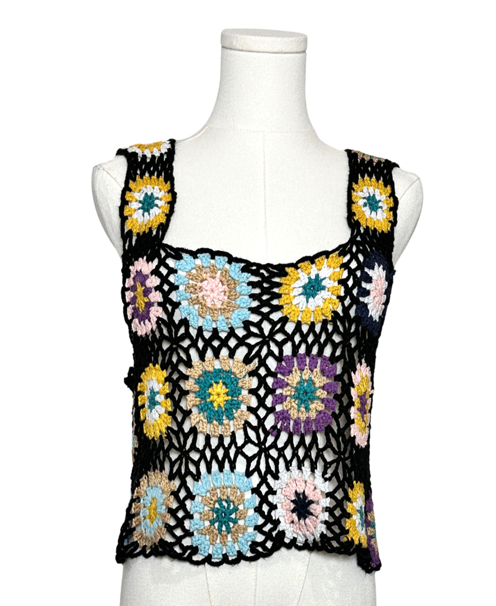 Rebellion Again Crochet Granny Square Cropped Square Neck Black Tank Top Small